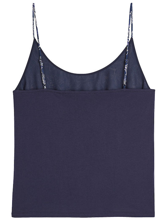 Women's Satin Top with Spaghetti Straps Floral Blue