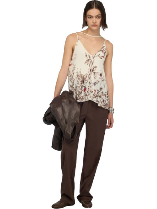Damenbluse Blumen Ecru/Braun