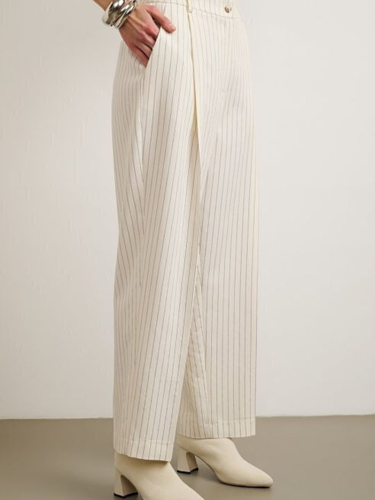 Women's Ecru Set with High Rise Striped Straight Leg Trousers