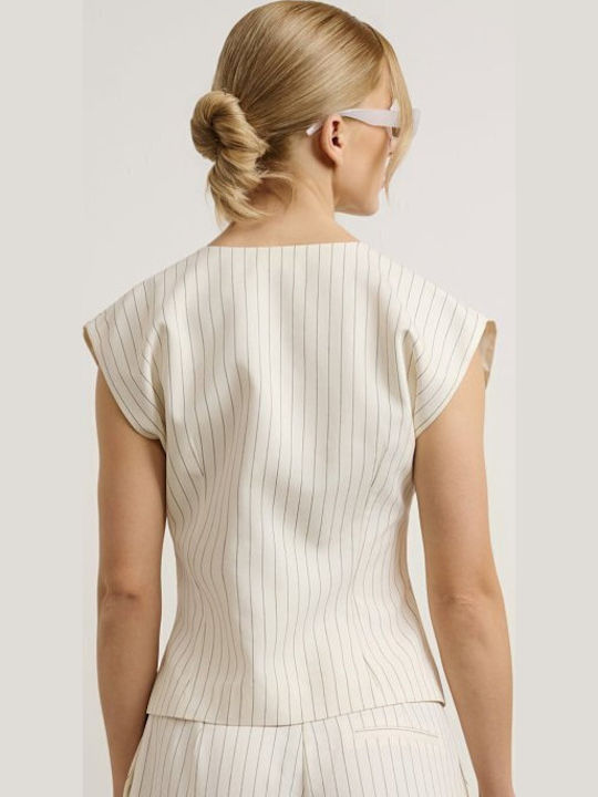 Women's Ecru Set with High Rise Striped Straight Leg Trousers