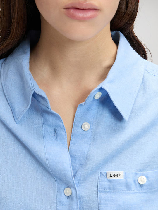 Long Sleeve Women's Linen Shirt Light Blue