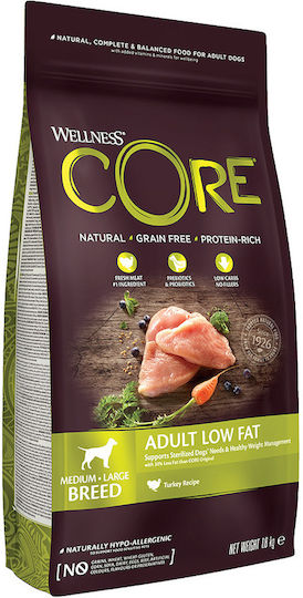 Wellness Core Low Fat Adult 10kg Dry Food Diet, Grain-Free for Adult Neutered Medium & Large Breed Dogs with Turkey