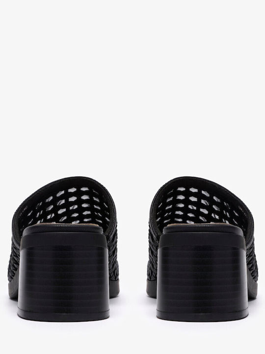 Leather Women's Mules with Chunky Low Heel in Black Color