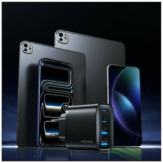 Usams Charger Without Cable with 2 USB-A Ports and 2 USB-C Ports 40W Power Delivery Blacks (T70)