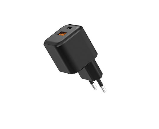 Setty Φορτιστής Χωρίς Καλώδιο GaN με Θύρα USB-A και Θύρα USB-C 20W Power Delivery Μαύρος (LSGaN-AC-201)