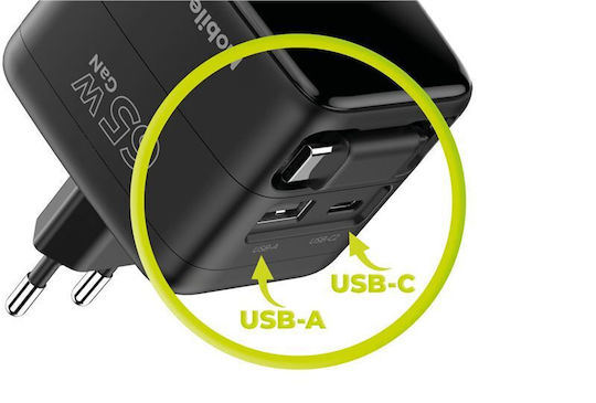 Mobile Origin Wireless Charger GaN With USB-A Output Port And USB-C Output Port 65W Quick Charge 2.0 / Quick Charge 3.0 Black PW3