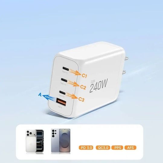 Tech-Protect Charger Without Cable GaN with USB-A Port and 3 USB-C Ports 240W Power Delivery / Quick Charge 3.0 Whites (NC240W-GAN)