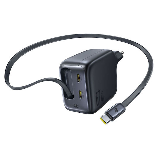 Baseus Ladegerät mit integriertem Kabel GaN mit 2 USB-C Anschlüsse USB-C 45W Stromlieferung Schwarzs (Enercore CJ11)