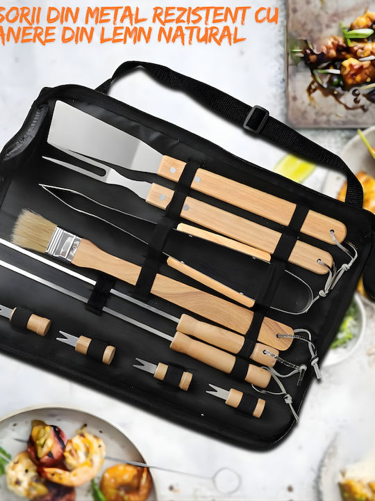 Complete Stainless Steel Grill Utensil Set Wooden Handles 11 Essential Pieces Outdoor Cooking Delivered In A Practical Bag Storage Transport Ideal Steaks Vegetables