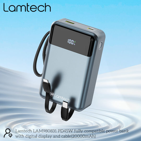 Lamtech Power Bank 20000mAh 45W With USB-A Output Port And USB-C Output Port Power Delivery Quick Charge 3.0 Black