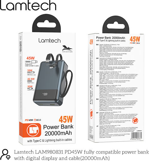 Lamtech Power Bank 20000mAh 45W With USB-A Output Port And USB-C Output Port Power Delivery Quick Charge 3.0 Black