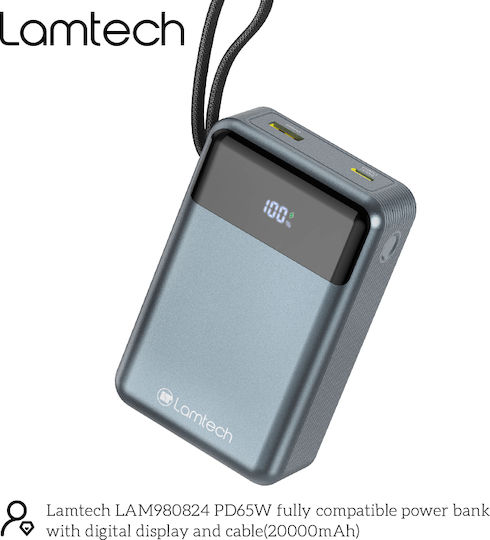 Lamtech Power Bank 20000mAh 65W With USB-A Output Port And USB-C Output Port Power Delivery Quick Charge 3.0 Black