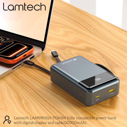 Lamtech Power Bank 20000mAh 65W With USB-A Output Port And USB-C Output Port Power Delivery Quick Charge 3.0 Black