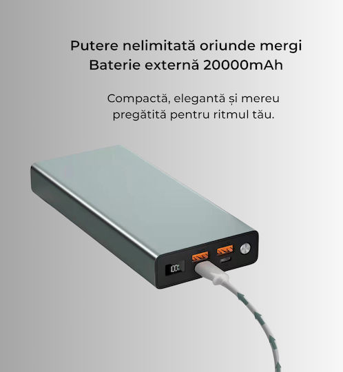 Voltres Power Bank 30000mAh 100W cu 2 Porturi USB-A și 2 Porturi USB-C Argintiu