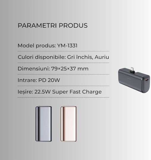 Voltres Power Bank 5000mAh 22.5W cu Port USB-C Auriu