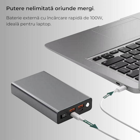 Voltres Power Bank 20000mAh 100W с 2 USB-A Изходни Порта и 2 USB-C Изходни Порта Черен