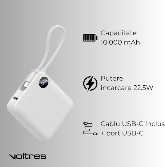 Voltres ChargeGO Power Bank 10000mAh 22.5W cu Port USB-C Alb