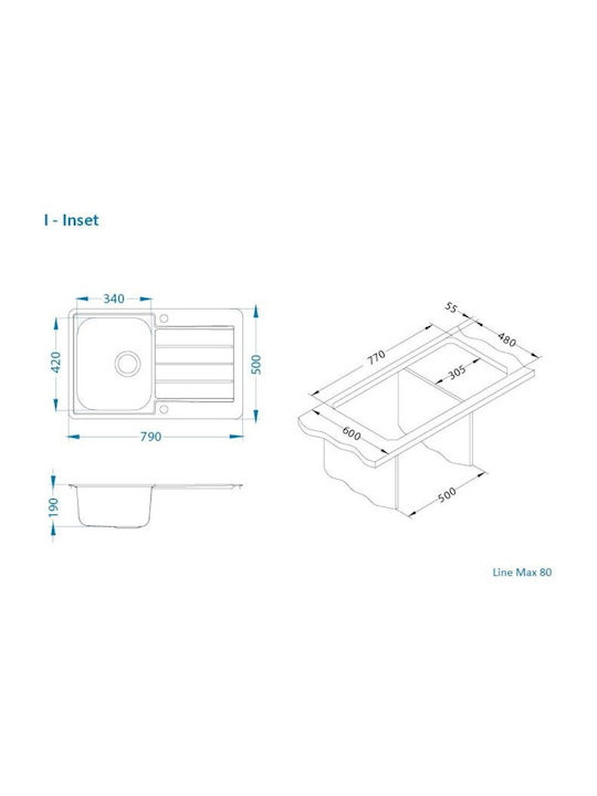 Alveus Ентов Кухненски Мивка Дясна Inox 79x50см Сива
