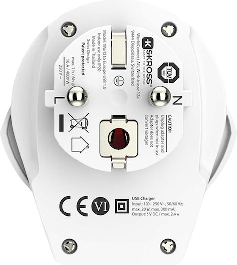 Skross Adaptor De Călătorie World La Europa 2/3 Poli Usb Alb