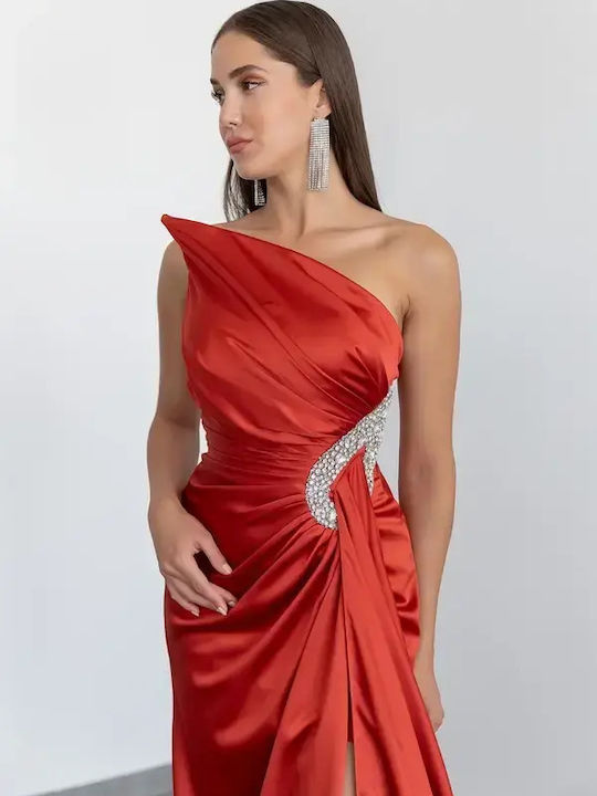 Καλοκαιρινό Maxi Φόρεμα για Γάμο / Βάπτιση Strapless Σατέν Κόκκινο