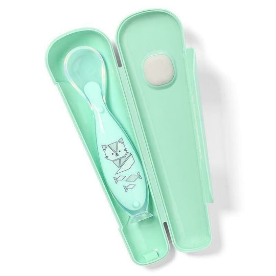 Babyono Lingură pentru Bebeluși din Silicon în Carcasă pentru 6+ Luni Verde
