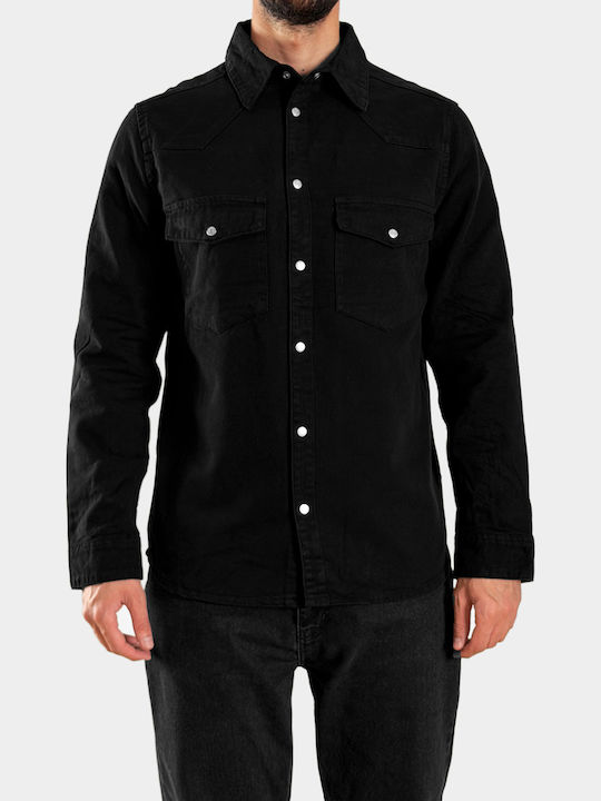 Μακρυμάνικo Τζιν Overshirt σε Κανονική Γραμμή Μαύρο