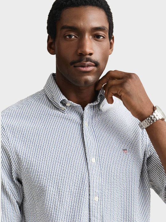 Seersucker Long Sleeve Cotton Shirt in Regular Fit Striped Sky Blue