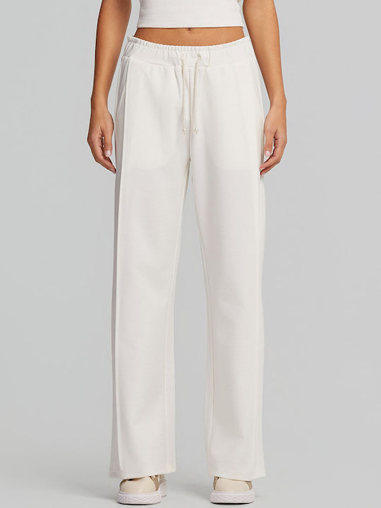 Women's Fabric Trousers with Rubber Band in Straight Leg Ecru