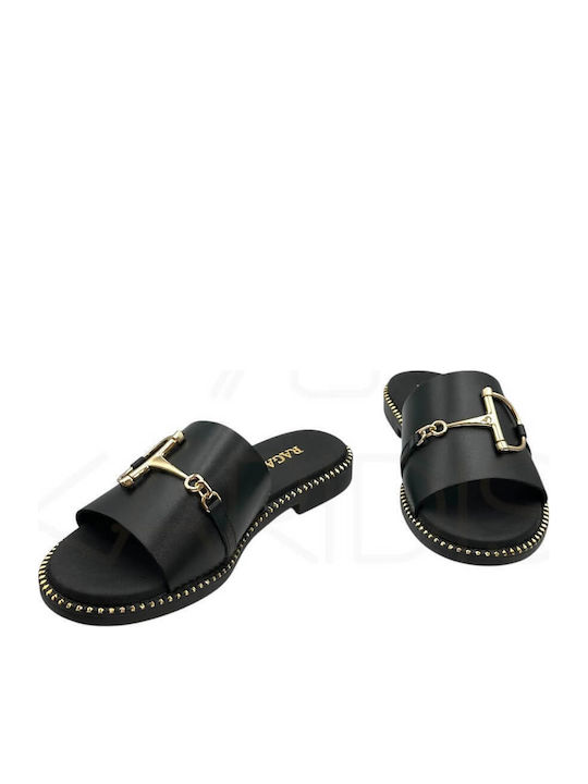 Leder Flache Sandalen Für Damen Schwarz