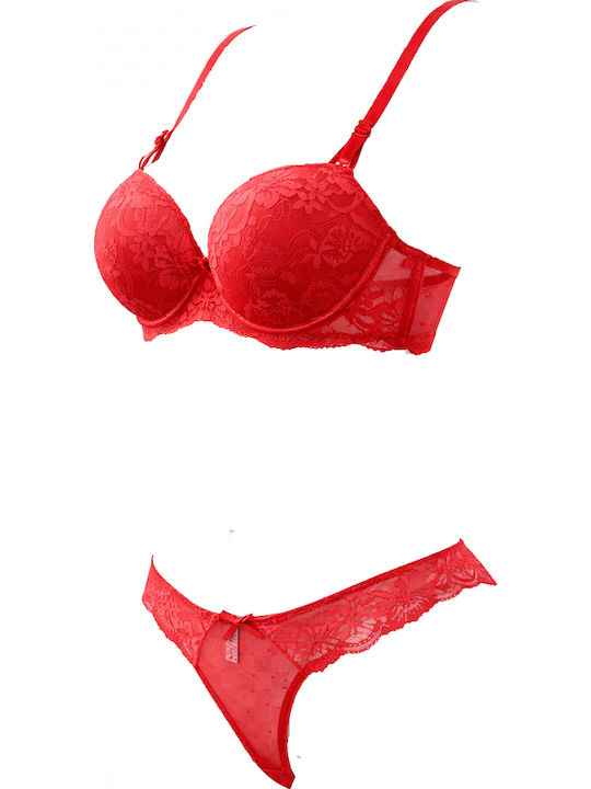 Join Lace Underwear Set Bra with Slip Red