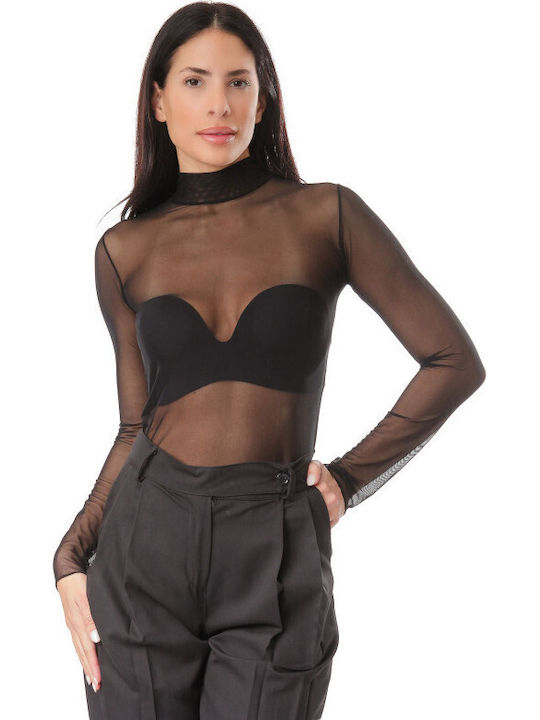 Schwarzes Langärmeliges Damen-Bodysuit mit Transparenz