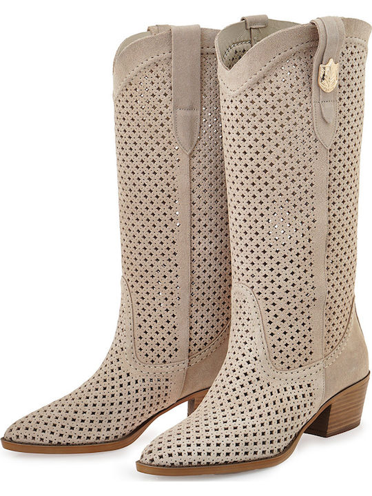 Suede Women's Boots with Mid Heel Beige