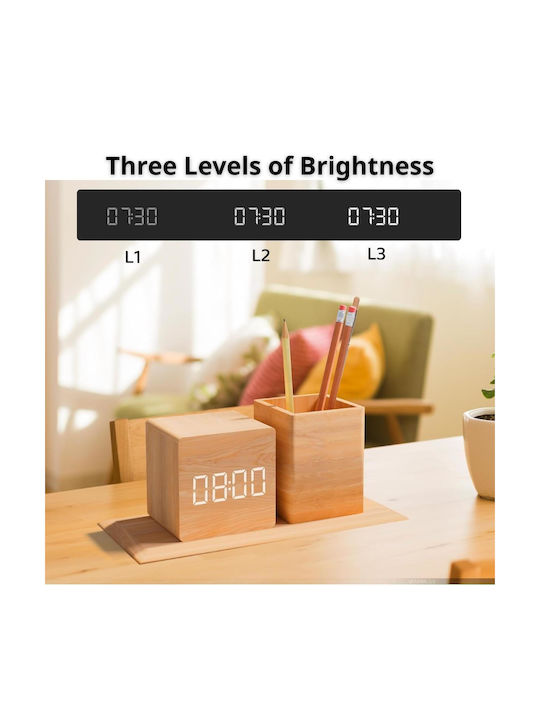 Wooden Digital Tabletop Clock Pencil Holder & Thermometer Beige