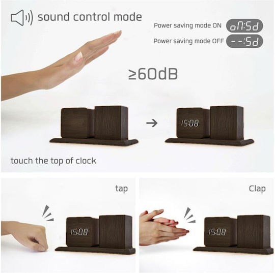 Wooden Digital Tabletop Clock Pencil Holder & Thermometer Black