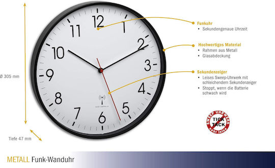 TFA Wall Clock Plastic Black Ø30.5cm