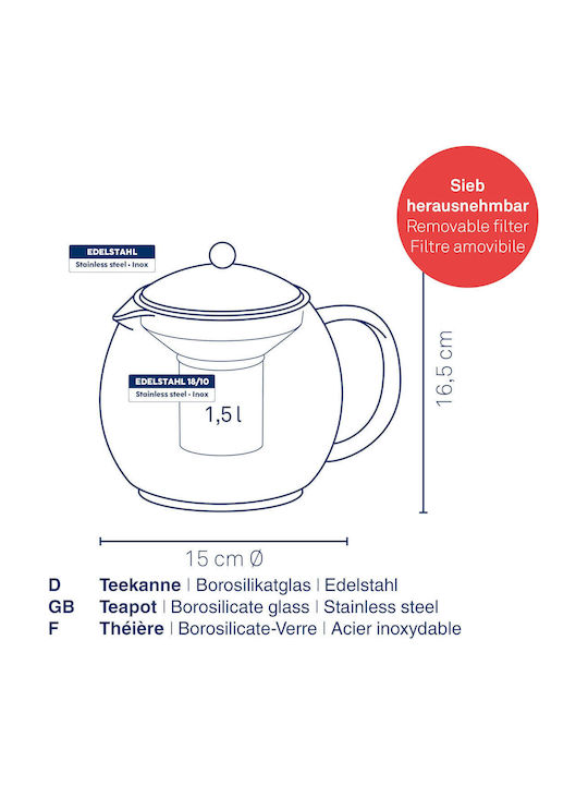 Kela Keuken Ceainic cu Filtru Sticlă Transparent 1500ml