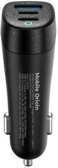 Mobile Origin Φορτιστής Αυτοκινήτου 100W Γρήγορης Φόρτισης με Θύρες: 1xUSB 2xType-C Μαύρο Χρώμα