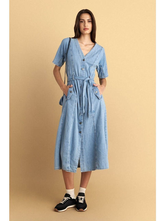 Καλοκαιρινό Midi Σεμιζιέ Φόρεμα Τζιν Light Blue