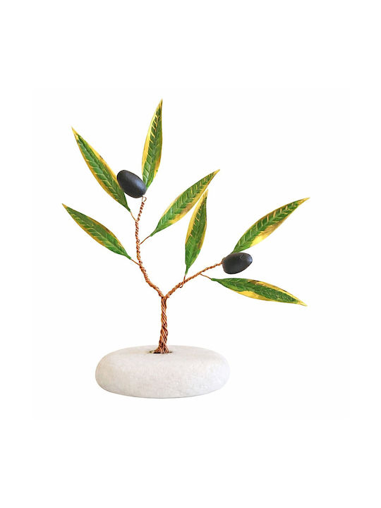Handmade Decorative Brass Olive Tree Green Leaves Stone Base 16cm