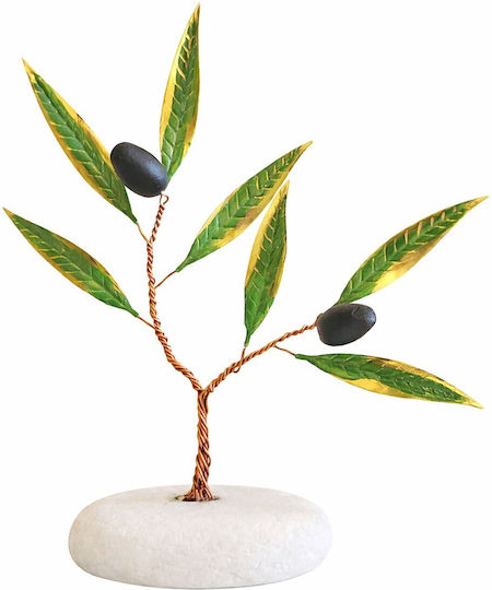 Handmade Decorative Brass Olive Tree Green Leaves Stone Base 16cm