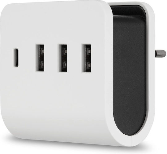 REV Εξωτερική Πρίζα με 4 Θύρες USB Λευκή