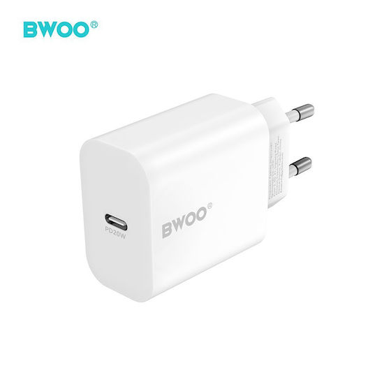 BWOO Mobile Phone Charger With USB-C Port And USB-C - Lightning Cable 20W Power Delivery White (CDA233)