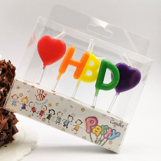 Set 5 Lumanări De Ziua De Naștere Model Inimă Litere Hbd 1.8 X 2.7 Cm Ceară Multicolor