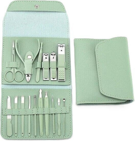 Set Cosmetic De Îngrijire 16 Piese Manichiură Pedichiură Față Include Geantă Organizator Din Eco-piele Verde