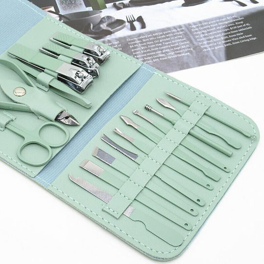 Set Cosmetic De Îngrijire 16 Piese Manichiură Pedichiură Față Include Geantă Organizator Din Eco-piele Verde