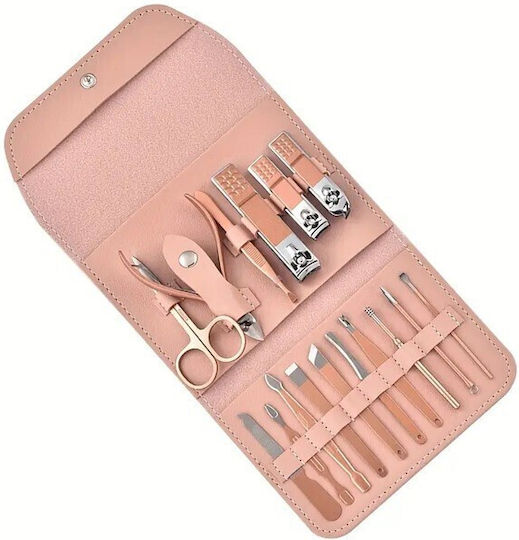 Set Cosmetic De Îngrijire 16 Piese Manichiură Pedichiură Față Include Geantă Organizatoare Din Piele Eco Roz
