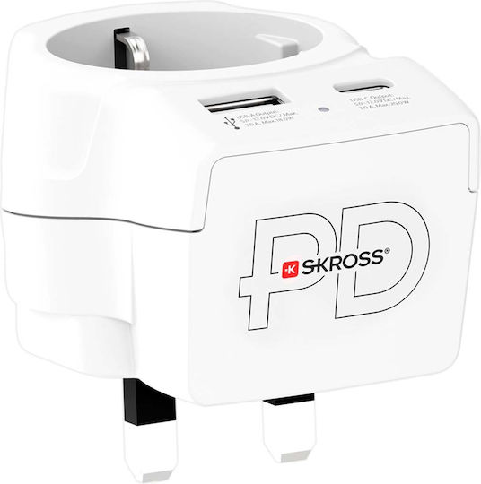 Skross United Kingdom Type G Travel Adapter Usb-a Usb-c 20w White