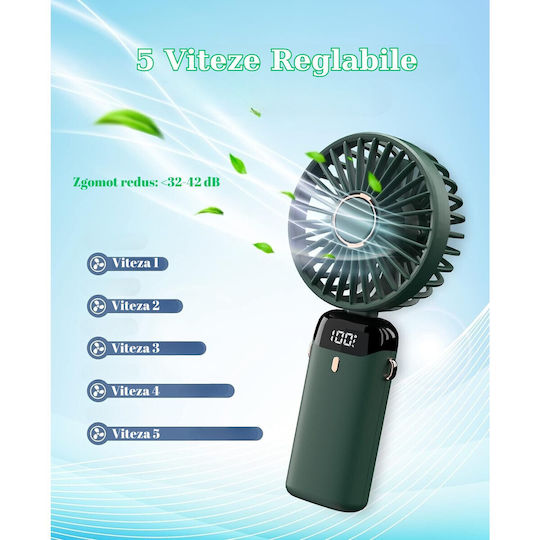 Ventilator Ultra Portabil Aromaterapie Alista Home 3 În 1 De Mână Birou Gât 5 Niveluri Viteză Încărcare USB Durată Baterie 12h Ecran LCD Pliabil Verde