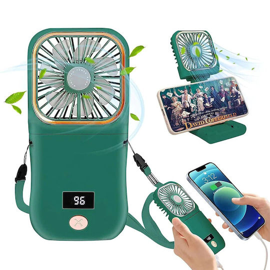 Alista Home Ventilator Portabil 3 În 1 De Mână Pentru Gât Birou 16.7 X 8 X 1.9 Cm 3 Viteze Încărcare USB Pliabil Display Digital Suport Telefon Verde