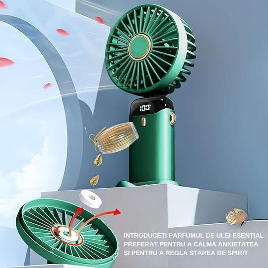 Ventilator Ultra Portabil Aromaterapie Alista Home 3 În 1 De Mână Birou Gât 5 Niveluri Viteză Încărcare USB Durată Baterie 12h Ecran LCD Pliabil Verde